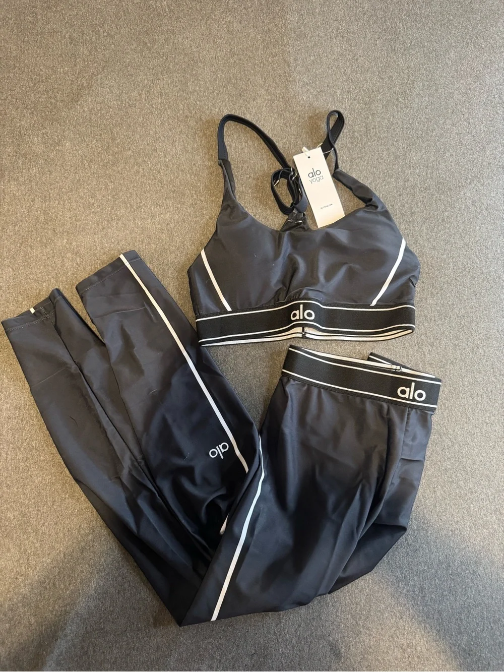 ALO Yoga Black Sports Bra & Leggings with White Trim